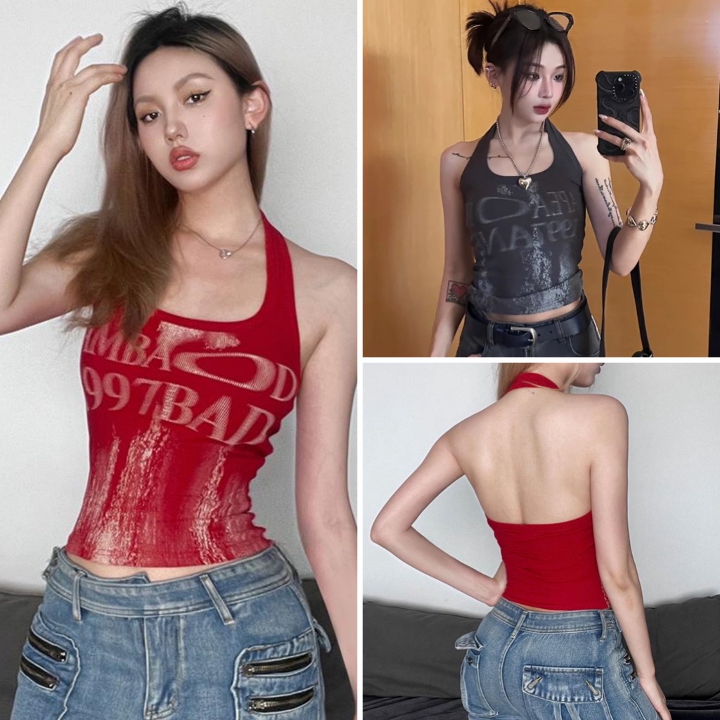 cherryshop พร้อมส่ง Y2Kเสื้อกั๊กสั้นแฟชั่นย้อนยุคสำหรับผู้หญิง แขนกุด สายคล้องคอ สไตล์สลิมฟิต ลายตัวอักษร เซ็กซี่