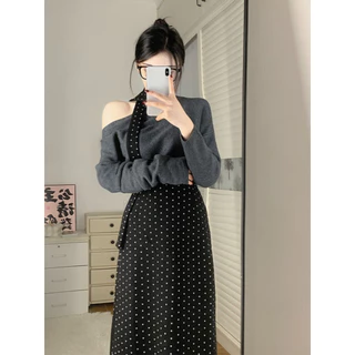 เสื้อปาดไหล่ แขนยาว ผ้าฟลีซ นุ่ม ชุดเซ็ต3ชิ้น +กระโปรงทรงเอ เอวยางยืด ลายจุด ผ่าหลัง + ผ้าผูกคอ ชุดไปคาเฟ่ #3023