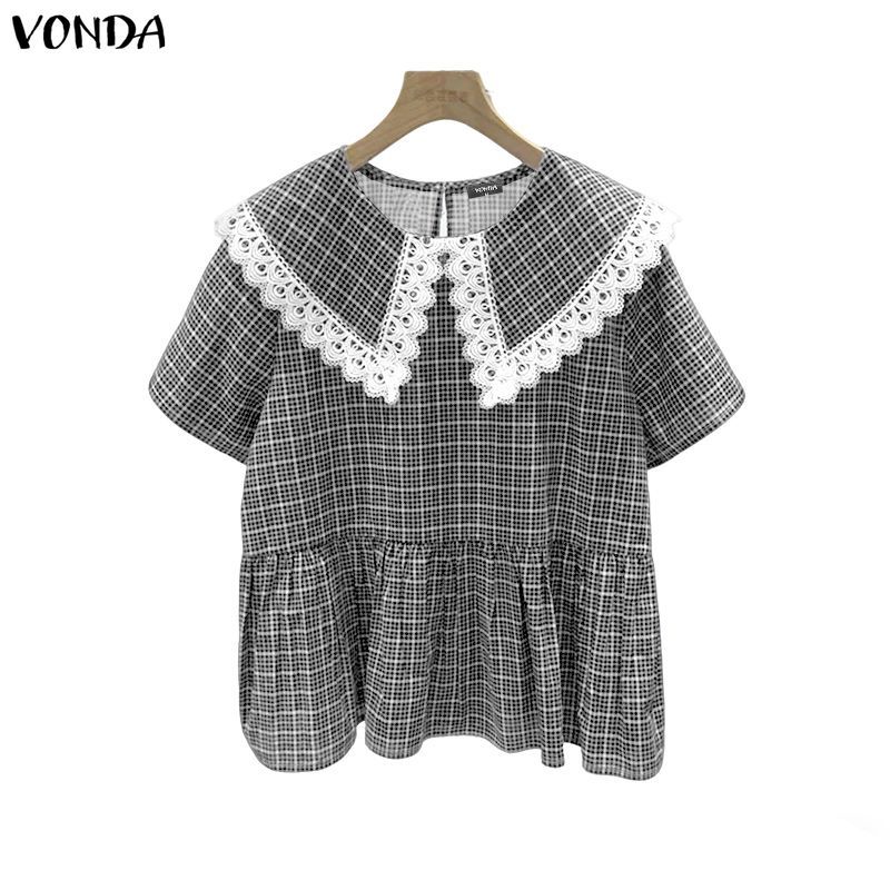 VONDA เสื้อผ้าสำหรับผู้หญิงสไตล์เกาหลี girlish ลายตาราง กับคอลเลอร์ปอมปุมและขอบกระโปรงคริลล์