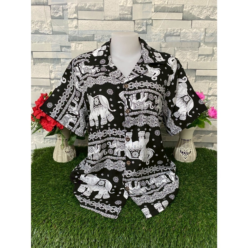 เสื้อเชิ๊ตแขนสั้น ผ้าสปัน เสื้อลายช้าง ลายมัดย้อม ผ้าใส่สบาย รุ่น1012
