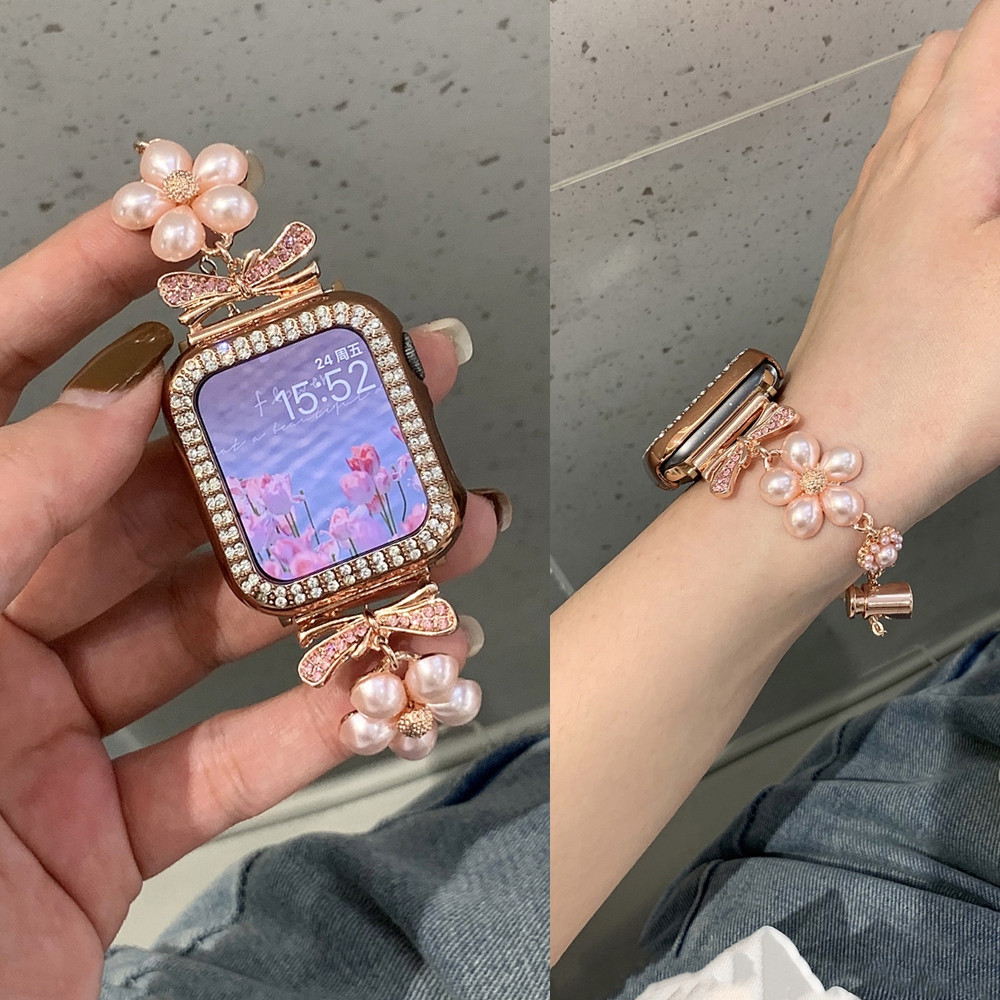 สายมุกสําหรับ iWatch ดอกไม้สายคล้อง 45 มม. S9/8 41 มม.สายสุภาพสตรี S11 46mms10 iWatch Pearl Chain สา