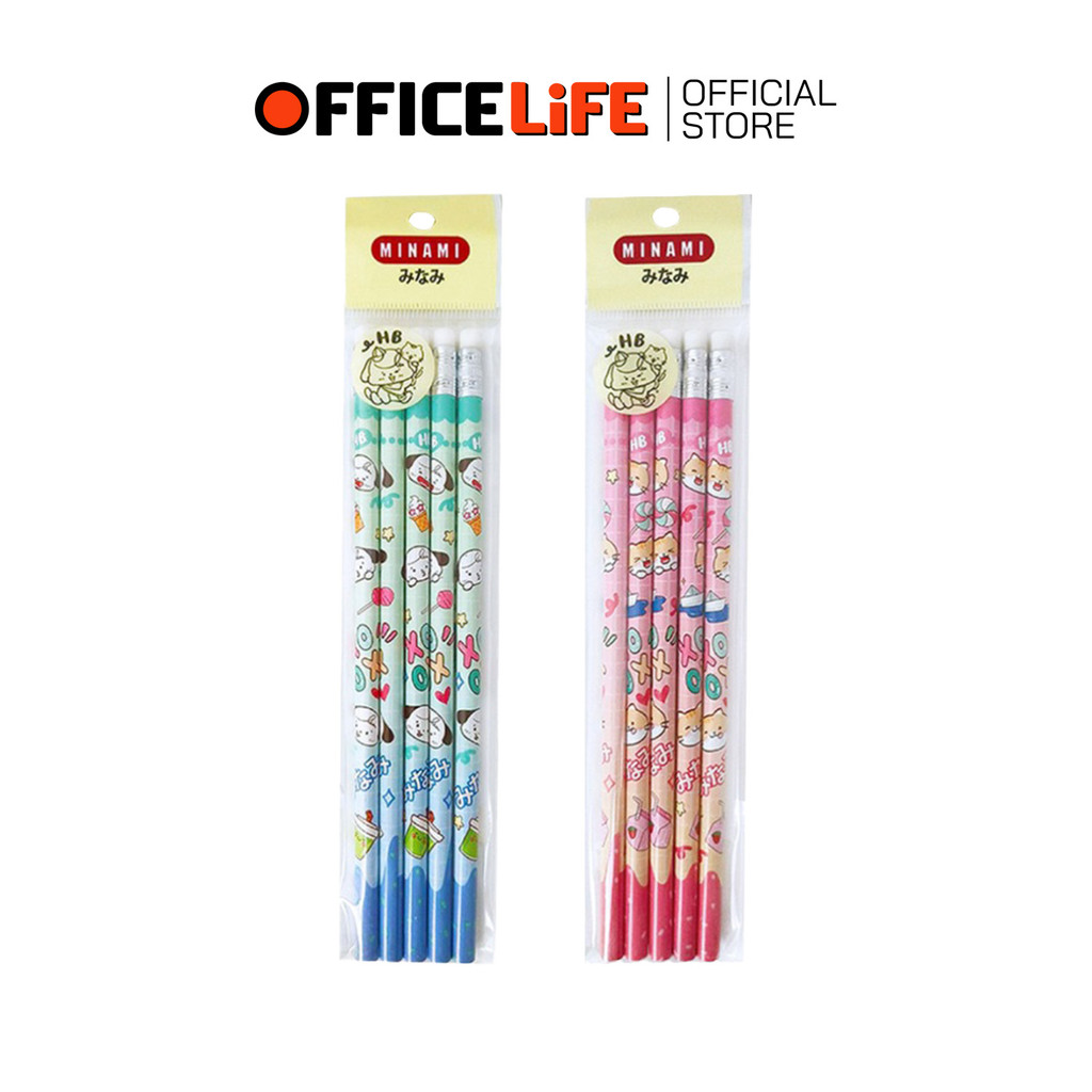 MINAMI (มินามิ) ดินสอดำ ดินสอ HB แท่งกลม ลายการ์ตูน แพ็ค 5 แท่ง ( 1 แพ็ค )