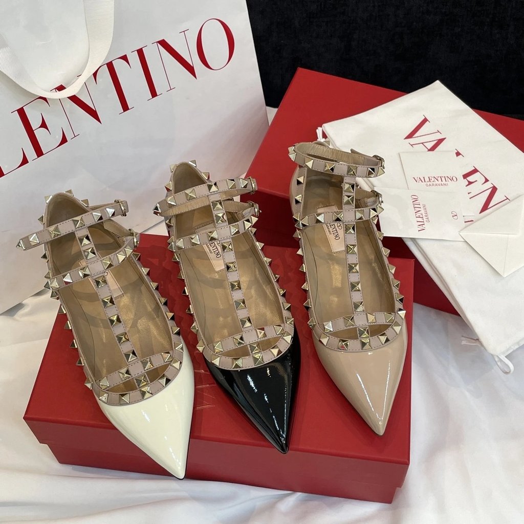 Warren Tiannu Flat Shoes Warren Tiannu Two-Ring Patent Leather Flat Shoes Rivets Pointed Toe Flat Sh