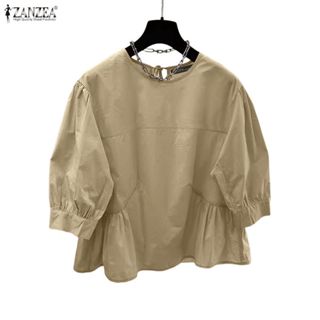 เสื้อเบลาส์แขน3/4 คอกลมทรงหลวมสำหรับผู้หญิง สไตล์เกาหลี