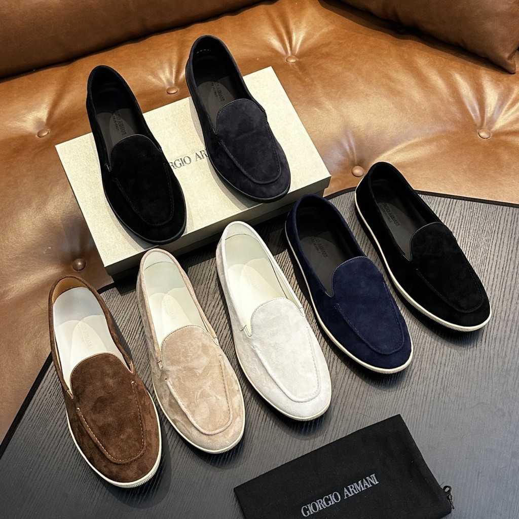6CD6 Giorgio Armani New Style Cowhide Round Toe Retro Flat Slip-On Lazy Fashion Business Loafers
