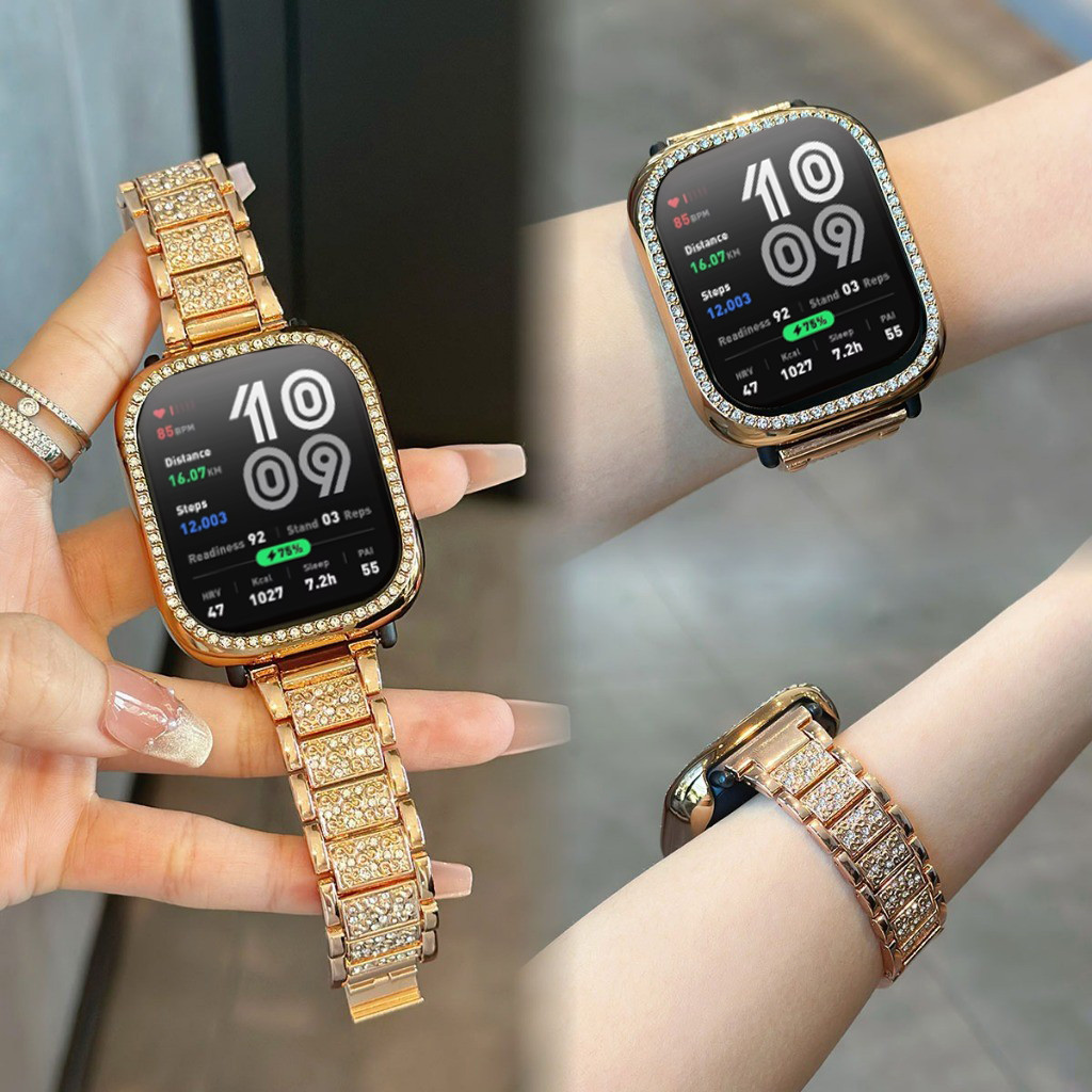 สแตนเลสสตีล Bling Diamond Strap + กรอบเพชรสําหรับ Huami Amazfit Bip 6 สร้อยข้อมือ WatchBand