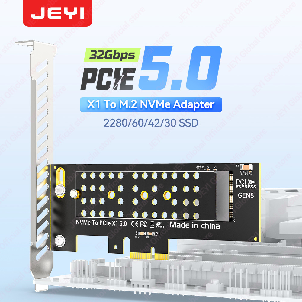 JEYI PCIe 5.0 x1 ถึง M.2 NVMe อะแดปเตอร์ - ความเร็ว 32Gbps สําหรับ 2280/60/42/30 SSDs Hollow out PCB Cooling Windows/Linux/macOS ใช้งานร่วมกับ