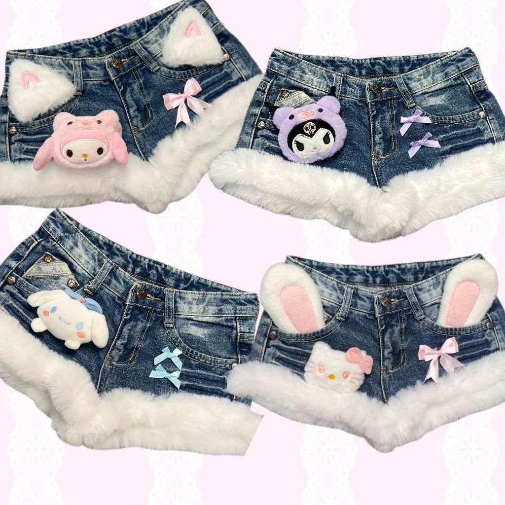 Vintage Furry Cute Plush Pants Hot Girl Y2K Short Stitching kitty Melody Denim vintage Y8BB