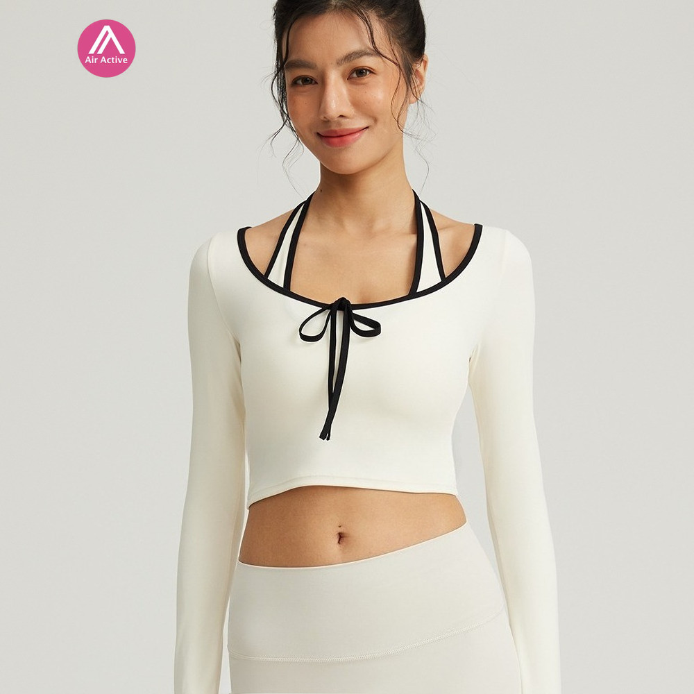 AirActive Casual Yoga Sports T-shirt 2 In 1 Design Fixed Padded Crop Top Halter Neck Contrast Color