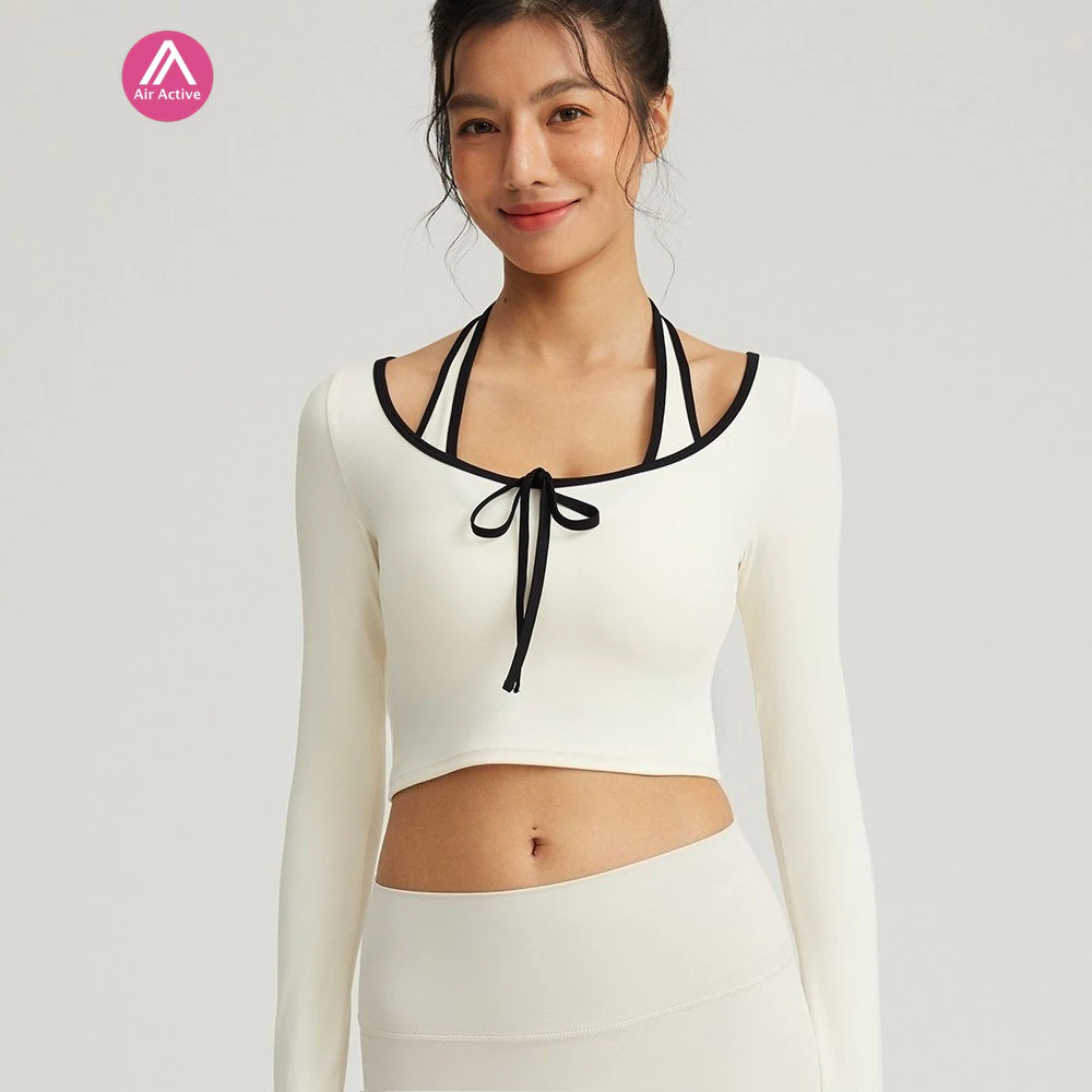 AirActive Casual Yoga Sports T-shirt 2 In 1 Design Fixed Padded Crop Top Halter Neck Contrast Color
