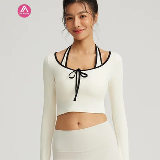 AirActive Casual Yoga Sports T-shirt 2 In 1 Design Fixed Padded Crop Top Halter Neck Contrast Color