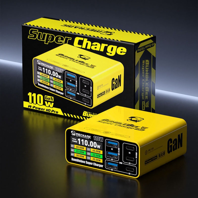 MECHANIC M-Power 110Pro Bumblebee Super สถานีชาร์จ 110W เข้ากันได้กับ Huawei 66W Fast CHARGING 17 Apple 16 แท็บเล็ตโน้ตบุ๊ค Gallium Nitride Digital Multi port Charger Socket