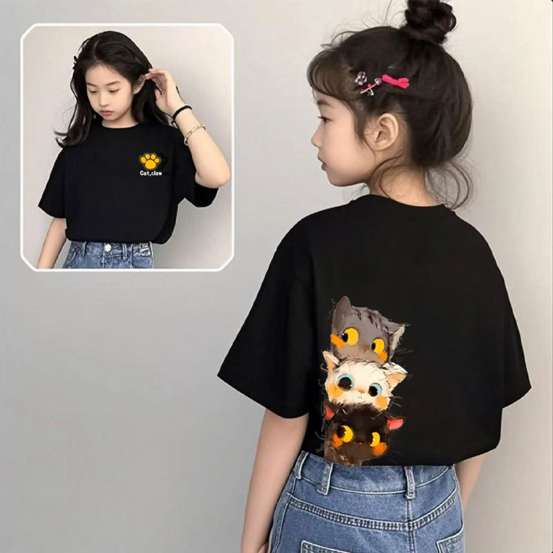 เสื้อยืดแขนสั้นสีดำสำหรับเด็กผู้หญิง ออกแบบตามเทรนด์ใหม่ของฤดูร้อน เหมาะสำหรับเด็กที่มีสไตล์
