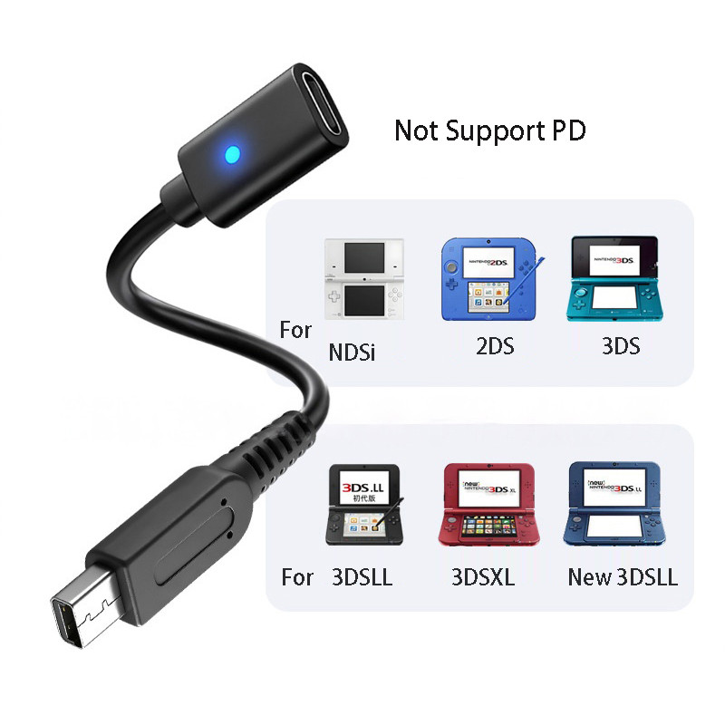 สําหรับ NDSI 3DS 3DSLL XL สายชาร์จ USB C ประเภท C หญิงปลั๊ก Converter พร้อม Instruct Light สําหรับ N