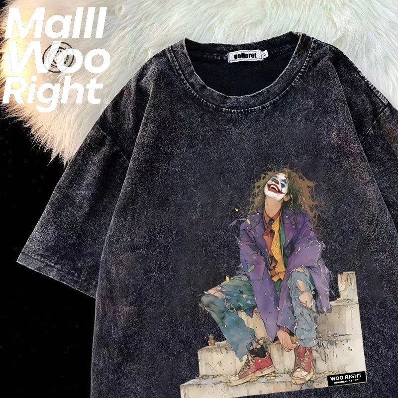 （จัดส่งตลอด 24 ชั่วโมง）Woo Right เสื้อยืดฟอก oversize ผ้าฝ้าย 100% โอเวอร์ไซซ์ สีดําเข้ม สไตล์ฮิปฮอป เรโทร HY