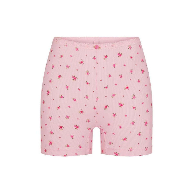 skims Kardashian floral pink high-waisted elastic tight shorts
