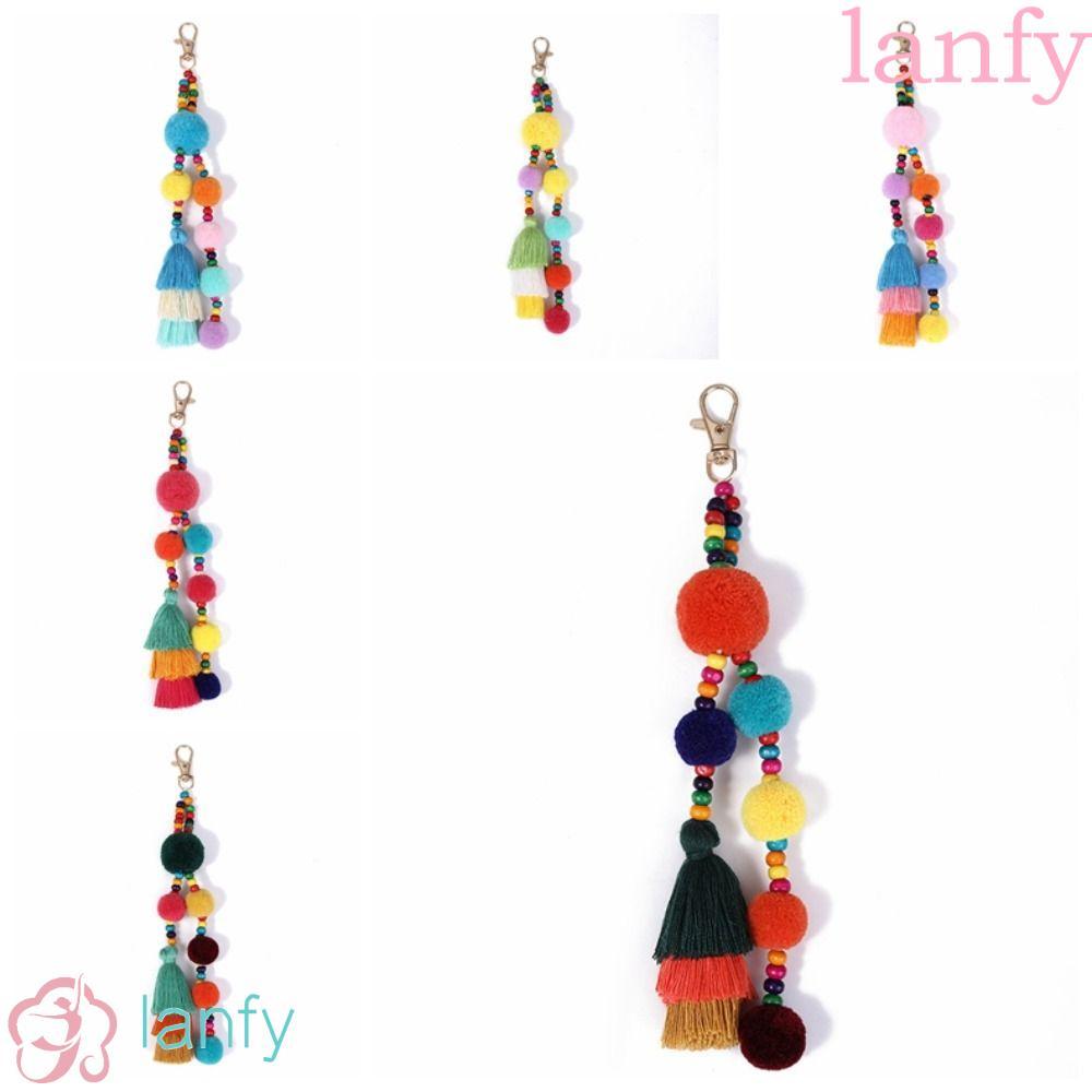 LANFY Boho สไตล์ผม Ball พู่พวงกุญแจ, Boho สไตล์ที่มีสีสัน Boho สไตล์พวงกุญแจ, Boho เครื่องประดับ Pom