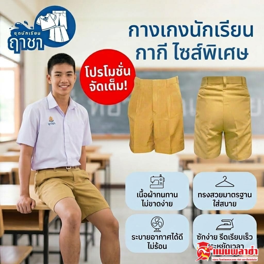 กางเกงนักเรียนชาย ไซส์พิเศษ สีกากี ตราฤาชา