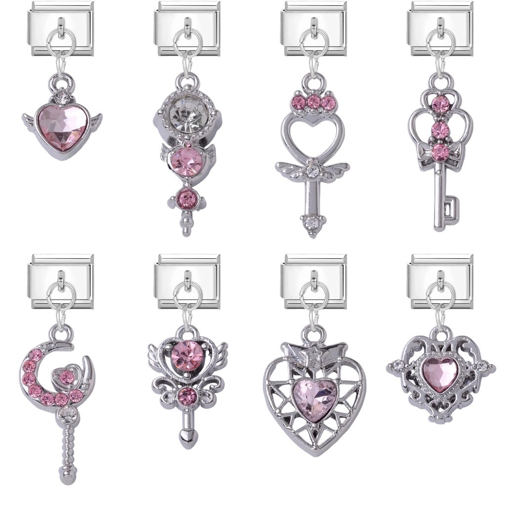 สร้อยข้อมือสแตนเลส DIY เพชรหัวใจอิตาเลียน charm สีชมพูและเงิน ขนาด 9 มม.