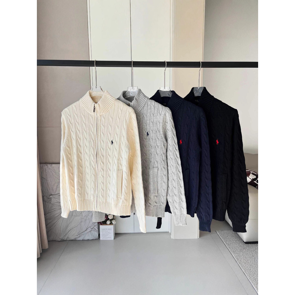 SMBA RL Little Horse and War Horse Embroidery Knitted zip-up cardigan with small logo and stand-up c