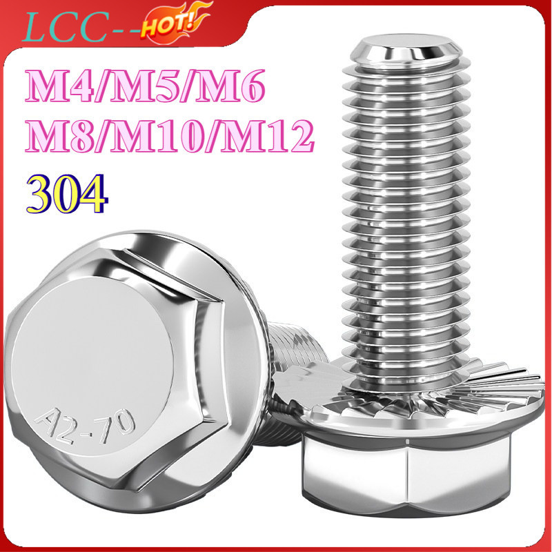 สกรู หัว 6 เหลี่ยมติดแหวน ใต้คอฟัน โบลท์ สแตนเลส 304	กับฟัน / Flange Bolt M4/M5/M6/M8/M10/M12 LCC-TH