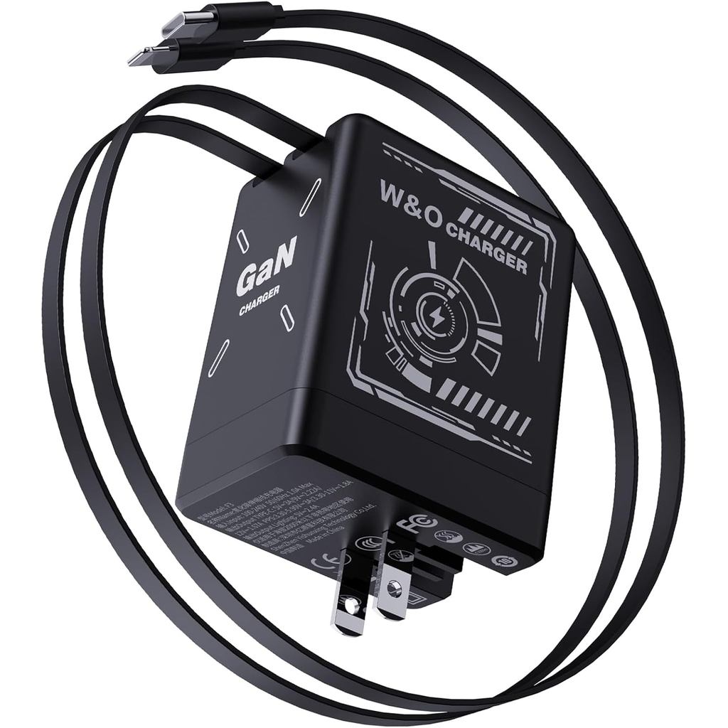 W&O เครื่องชาร์จ GaN 2 in 1 40W, ปลั๊กเครื่องชาร์จติดผนังแบบยืดหดได้พร้อมสาย Lightening และ Type-C, 
