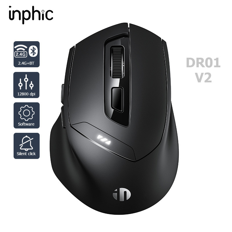 Inphic DR01 V2 เมาส์บลูทูธไร้สาย 2.4G+ บลูทูธ 5.0/4.0  สามโหมด 12800dpi customized buttons ออกแบบตามสรีรศาสตร์ เสียงเงียบ สําหรับ iPad แล็ปท็อป เดสก์ท็อป Mac Android Windows