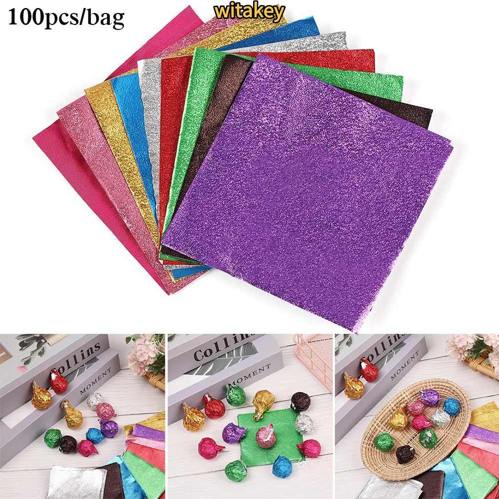 WITATA  100 ชิ้น 8x8 เซนติเมตร DIY อาหารอลูมิเนียมฟอยล์ห่อกระดาษแผ่นบรรจุภัณฑ์สําหรับช็อกโกแลต Candy งานแต่งงานของขวัญวันเกิดตกแต่ง