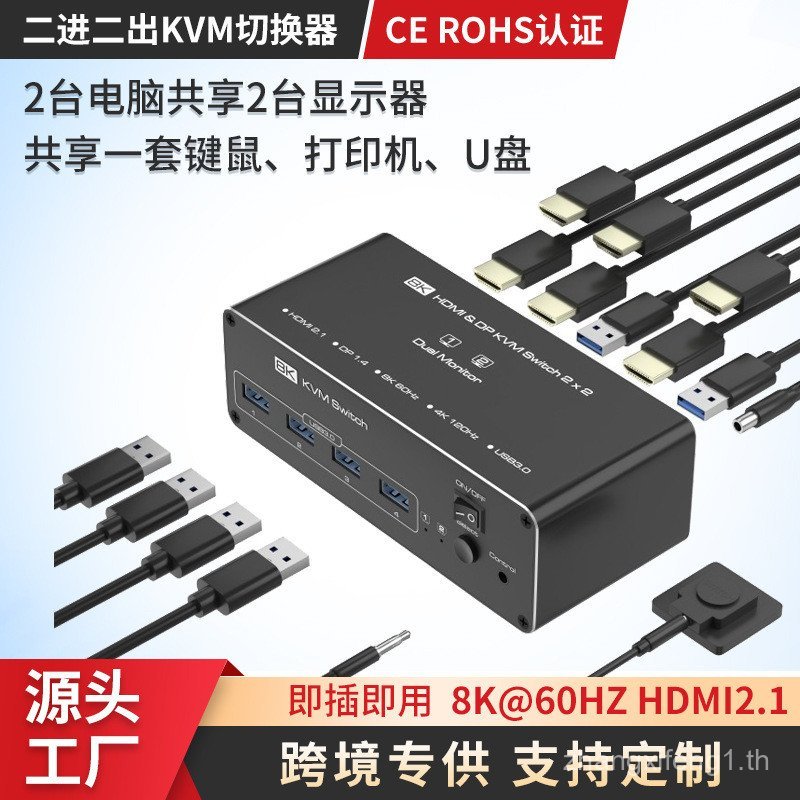 8K Ultra HD HDMI KVM Switcher Dual Screen 2 In 2 Out USB3.0 ปุ่มแชร์ Multi-Interface KVM GNKO