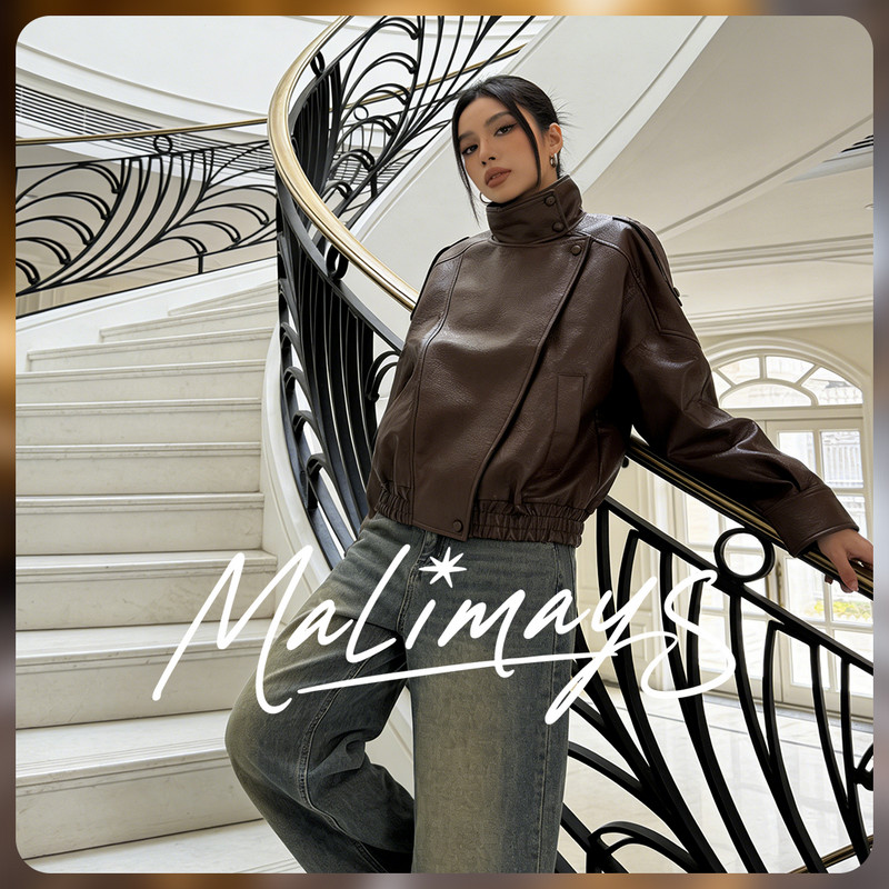 MALIMAY Long-Sleeved Stand Collar Leather Jacket แจ็คเก็ตหนังผิวเรียบลื่น 3สี ทรงโอเวอร์ไซส์ สไตล์คลีนๆ Q13