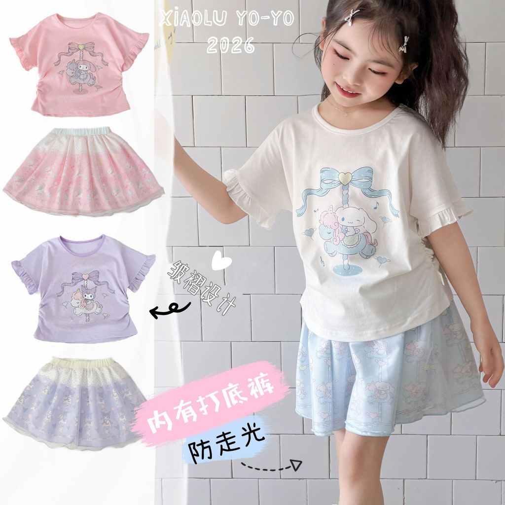 เสื้อผ้าเด็ก [Fawn Soft] สาวฤดูร้อน Ice-Feel Cotton Top เสื้อยืดแขนสั้นบาง Culottes สูทการ์ตูนน่ารัก-0408