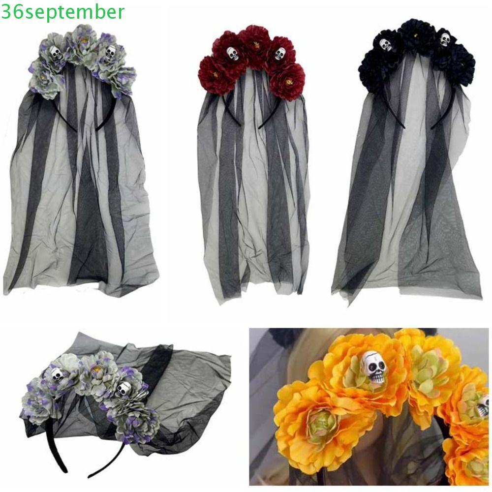 Headdress ดอกไม้ สำหรับหญิงวัน Halloween ออกแบบDead Skull กับ.ribbon veil roses สีดำสีแดง