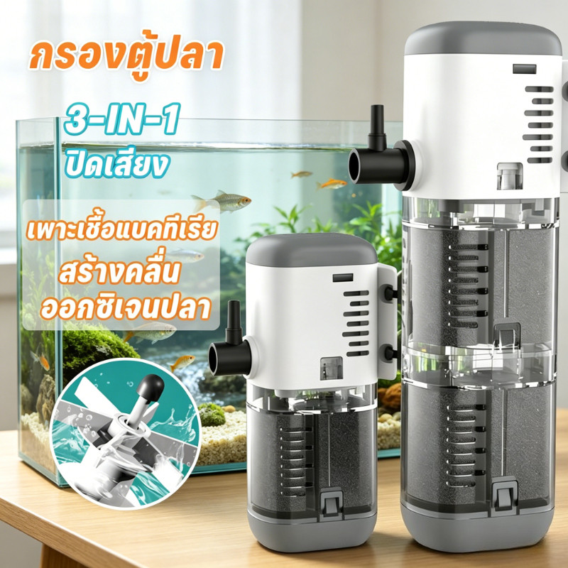 เครื่องกรองตู้ปลา ปั๊มออกซิเจน ระบบกล่อง 3-in-1 หมุนเวียนน้ำ น้ำหยด เสียงเงียบ ประหยัดไฟ