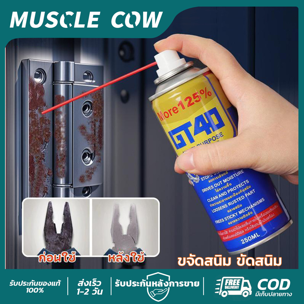 MUSCLE COW GT40 สเปรย์ขจัดสนิม ขัดสนิม 250ml ใช้ล้างและหล่อลื่นชิ้นส่วนโลหะได้