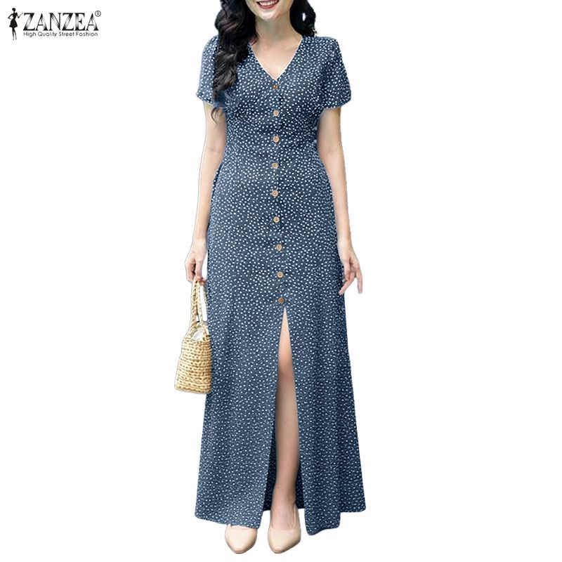 ZANZEA ดRESSES สไตล์เกาหลีวินเทจสำหรับผู้หญิง แขนสั้น V-neck ลายโปลกาดอต