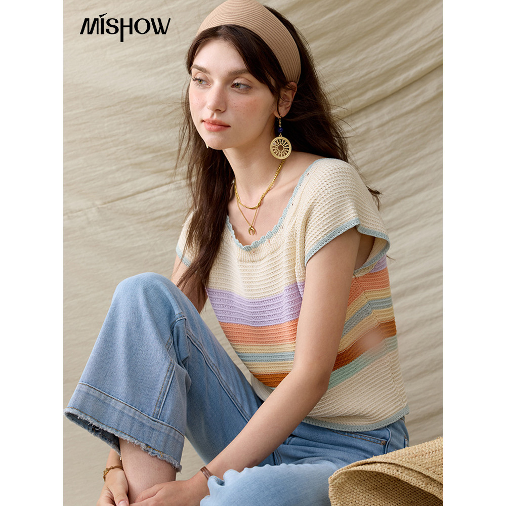MISHOW 2026 Summer New Style Dopamine เสื้อยืดสเวตเตอร์ผ้าไหมน้ําแข็งลายสายรุ้งหวาน
