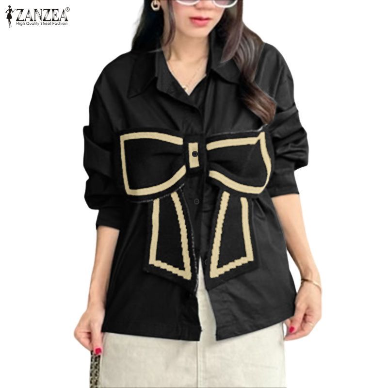 ZANZEA เสื้อลาย bowknot แขนยาว สไตล์เกาหลี ฟิตหลวม พอดิบพอดีสำหรับสาวๆ