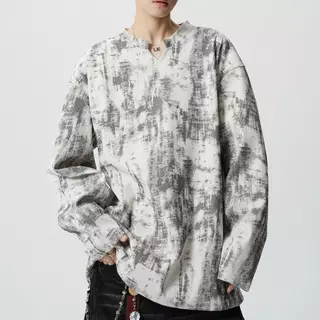 56 MEN Long-sleeve T-shirt WY29 เสื้อยืดแขนยาว ลายมัดย้อม คอวี เสื้อยืดทรงหลวม สไตล์วินเทจ ขาว ดำ M-3XL