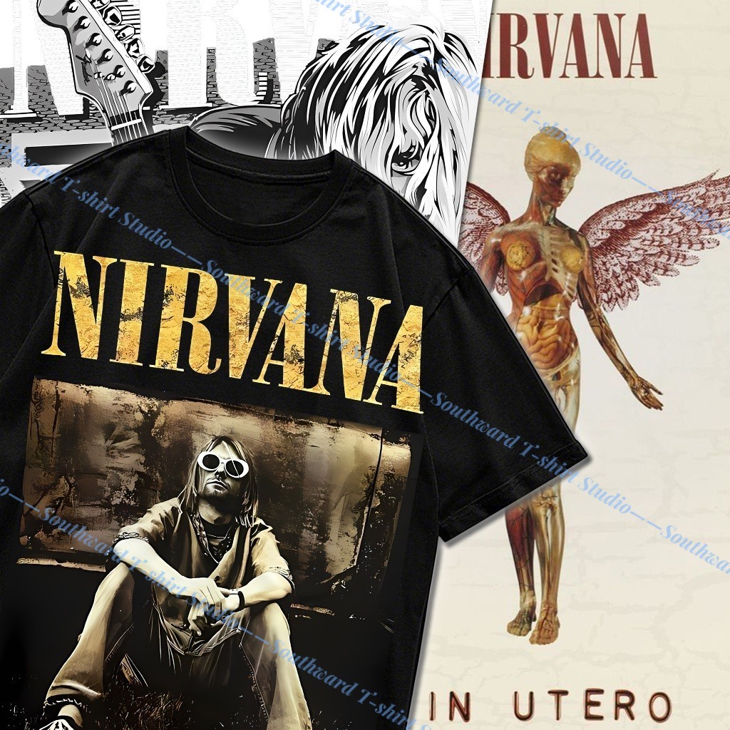 (จัดส่งตลอด 24 ชั่วโมง) เสื้อยืด Nirvana พี่เคิร์ตนั่งหล่อ  เรืองแสงป้าย Rocktees COD