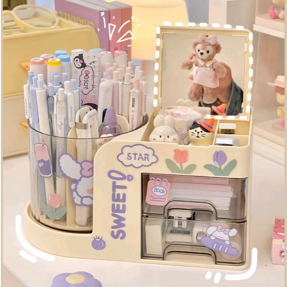 แถมสติ๊กเกอร์ แบบหมุนได้ กล่องเก็บเครื่องเขียน เครื่องสำอาง 3in1 มีลิ้นชักและกระจกในตัวมินิมอล จัดระเบียบโต๊ะทำงาน - รูปที่ 3