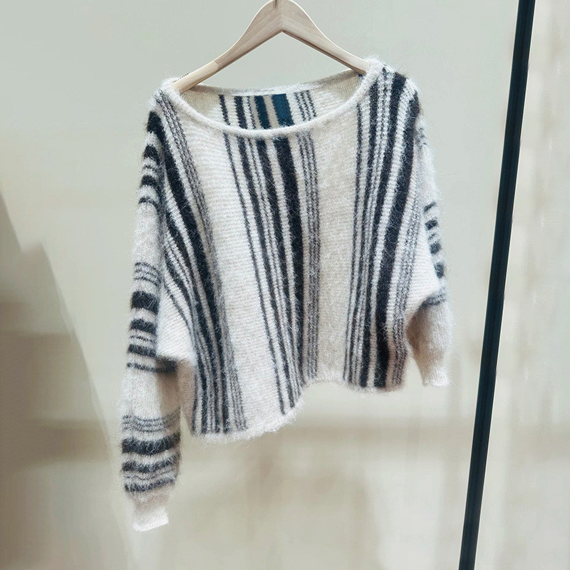 IPFP Self Portrait 2025Autumn Winter Off-shoulder Fuzzy Vertical Striped Jacquard Pullover Sweater A