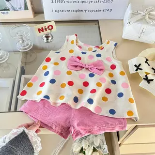 Dolemi Baby ชุดเซต สีชมพู สีม่วง เสื้อแขนกุด กางเกงขาสั้น ลายจุด โบว์ น่ารัก สำหรับเด็กหญิง