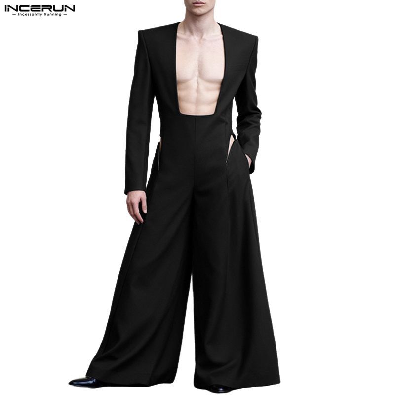 INCERUN Men Vintage Party Style Ultra-Low Square Neckline Deconstruct Long Sleeve Wide-Leg Jumpsuits