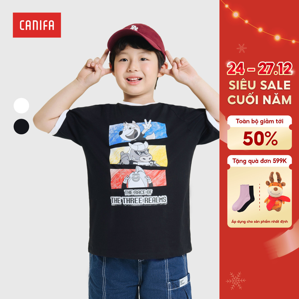 CANIFA เสื้อยืดเด็กผู้ชาย ทรงหลวม ผ้าฝ้ายเนื้อนุ่ม พิมพ์ลาย Wolfoo 2TS25S031
