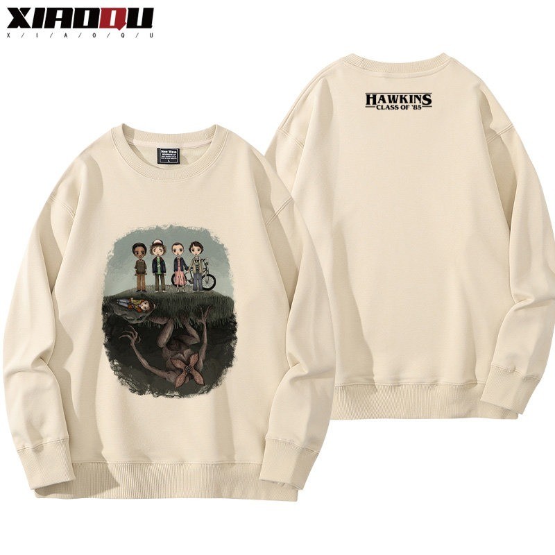 เสื้อฮู้ดยีนส์หนักสำหรับผู้ชายและผู้หญิง แบบ Loose Fit ในธีม Stranger Things และ Hawkins High School
