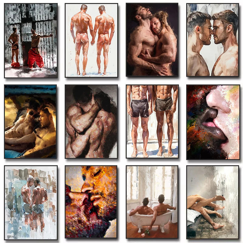 สีน้ําจูบชายเกย์Nude Manคู่Queerภาพโปสเตอร์ผ้าใบภาพวาดWall Artภาพภายในบ้านตกแต่งของขวัญ 9R0K