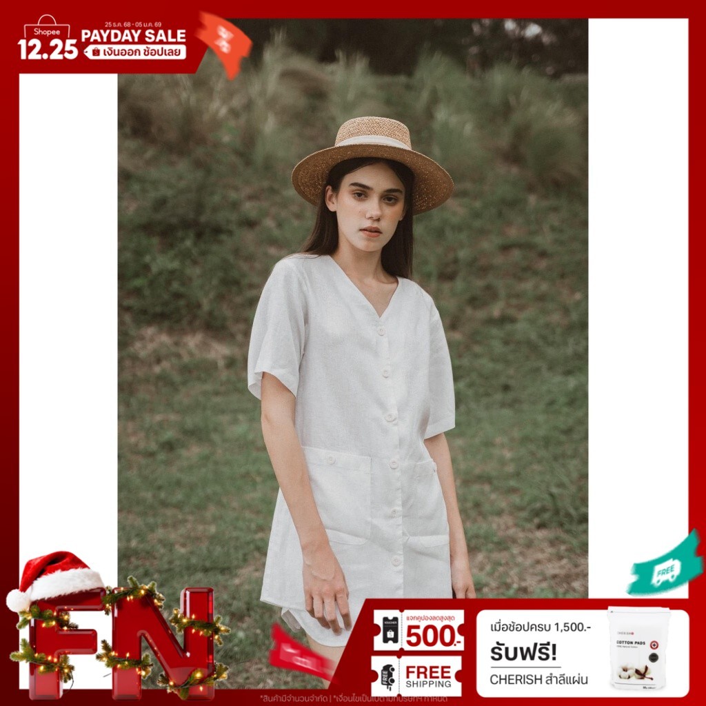 INCO WOMEN เดรสคอวี แขน5 ส่วน ผ่าสาบหน้า ผ้าลินิน