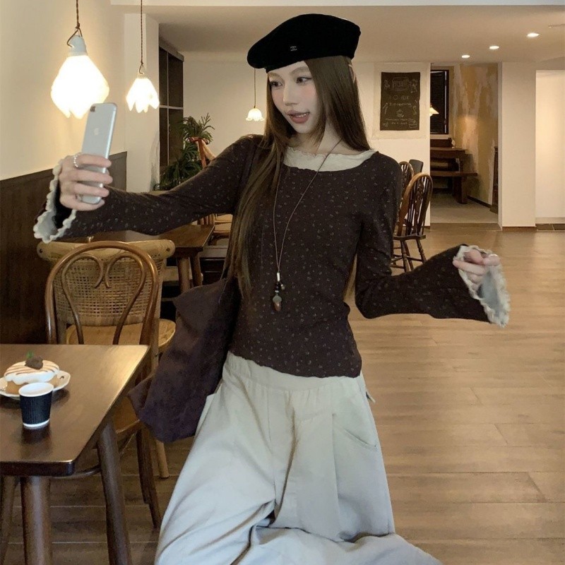 shayne-เสื้อยืดผู้หญิง แขนยาว ลายพิมพ์ สี Splicing ประเภทรุ่น Slim Fit หวาน สุภาพสตรี แฟชั่นฤดูร้อน ราคา ถูกที่สุด ดีลบีเคเค แกลเลอรีภาพที่ 6