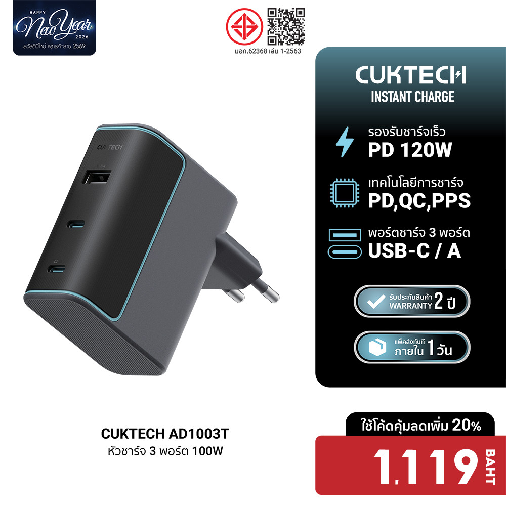 [ลดเหลือ 1119] CUKTECH GaN3 AD1003 / AD1003T / CMC610 หัวชาร์จเร็ว 120W 3 พอร์ต รองรับ PD3.0 , PPS ,