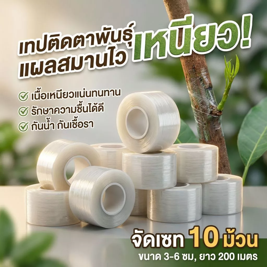 เทปพันกิ่งไม้ PE อย่างดี (เซท 5/10 ม้วน) ยาว 200 เมตร พันง่าย ไม่ต้องผูกปม กันน้ำ กันเชื้อรา เลือกขนาดได้ 3-6 ซม.